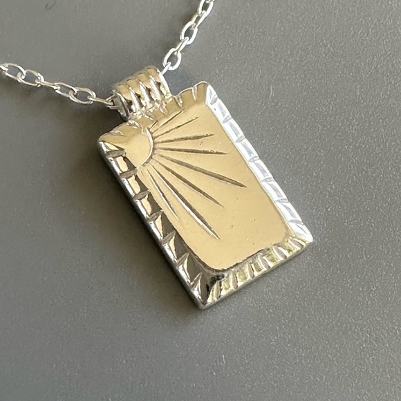 Sterling Silver Rectangle Tag Rising Sun Necklace - Picture 3 of 9